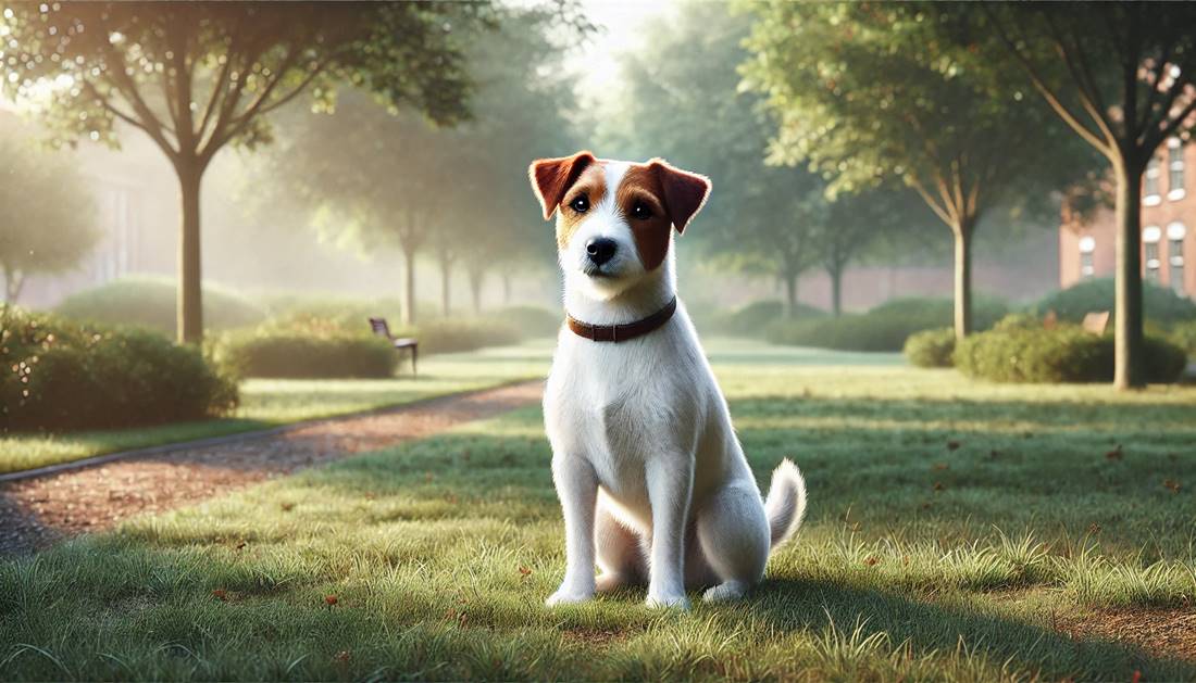 "Jack Russell Terrier siedzący na trawie w parku, otoczony zielenią, spokojny i uważny, fotorealistyczny obraz.